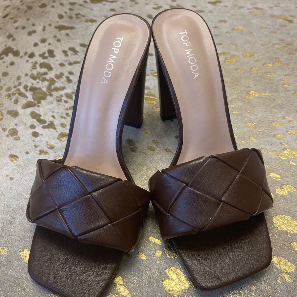 Never worn brown braided high heel shoes
